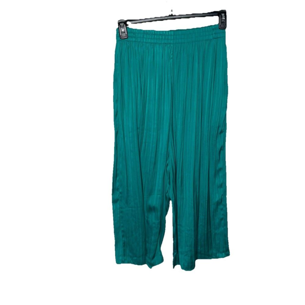 Zara Teal Green Pleated Wide Leg Culottes Elastic Waist Chiffon Pants Sz Medium